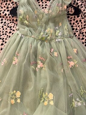 Girls' Sage Green Floral Tulle Dress